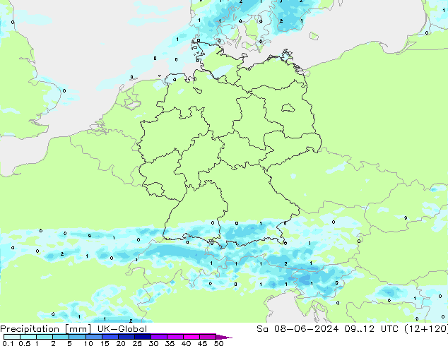 Précipitation UK-Global sam 08.06.2024 12 UTC