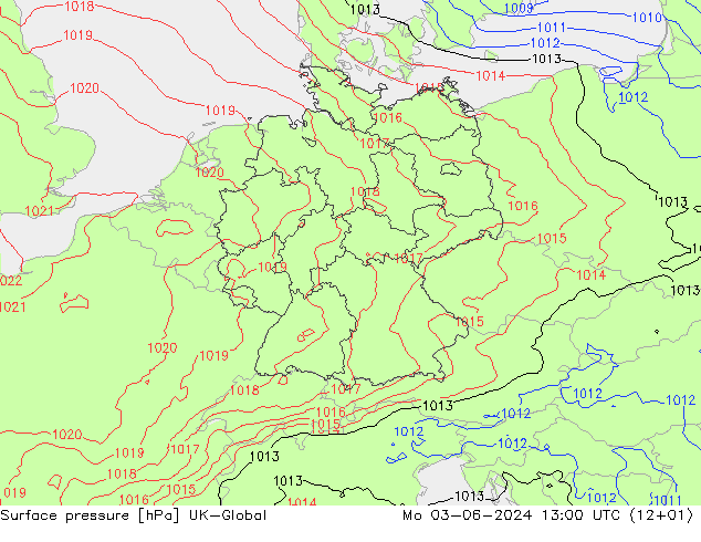 Presión superficial UK-Global lun 03.06.2024 13 UTC