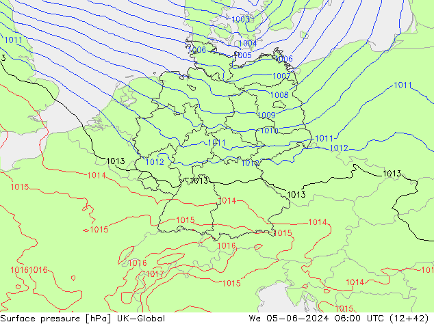 Pressione al suolo UK-Global mer 05.06.2024 06 UTC