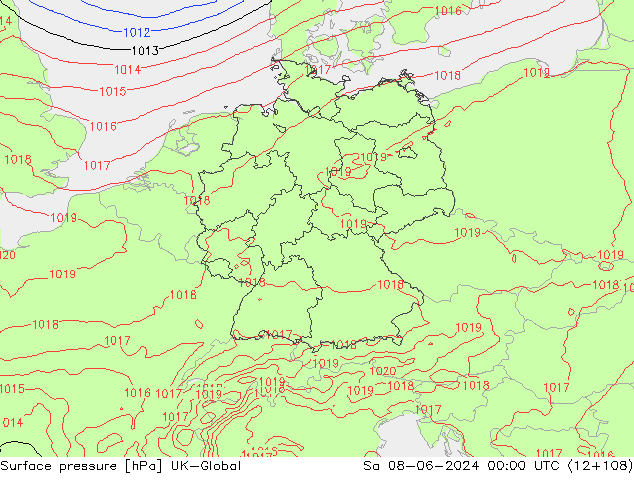 Pressione al suolo UK-Global sab 08.06.2024 00 UTC