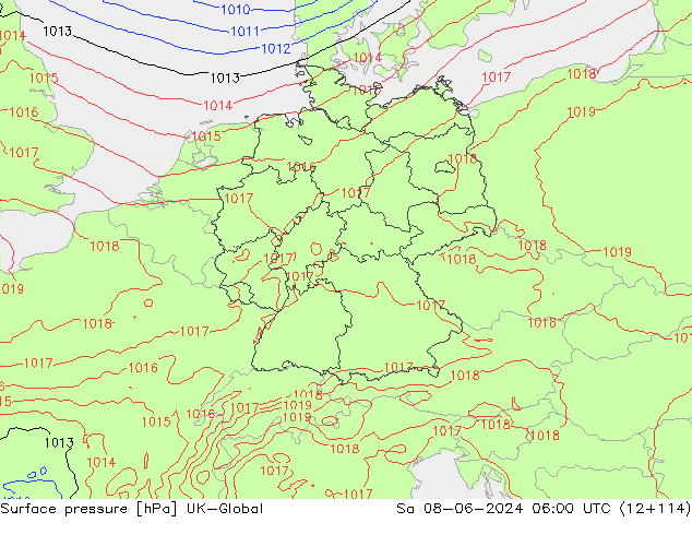 Pressione al suolo UK-Global sab 08.06.2024 06 UTC