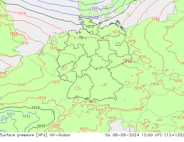 Pressione al suolo UK-Global sab 08.06.2024 12 UTC