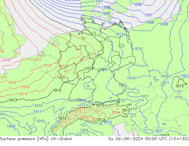 Pressione al suolo UK-Global dom 09.06.2024 00 UTC