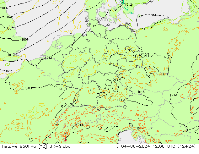 Theta-e 850hPa UK-Global wto. 04.06.2024 12 UTC