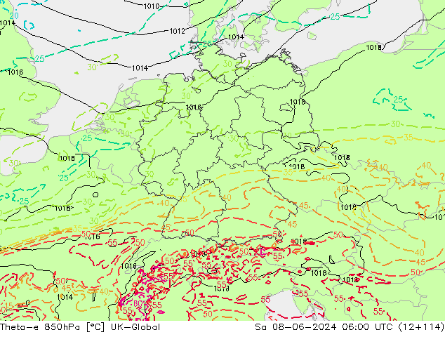 Theta-e 850hPa UK-Global za 08.06.2024 06 UTC