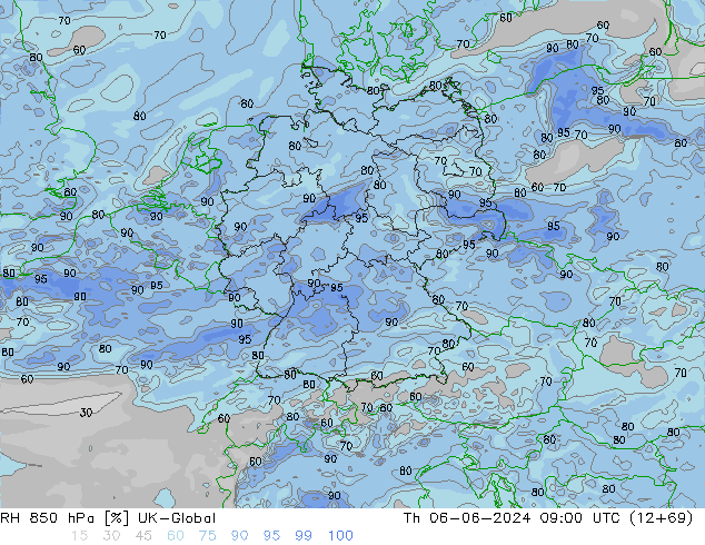 RH 850 hPa UK-Global Čt 06.06.2024 09 UTC