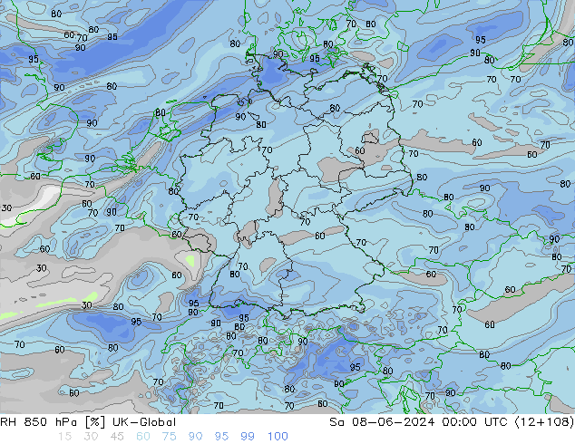 Humedad rel. 850hPa UK-Global sáb 08.06.2024 00 UTC