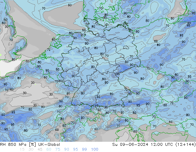 RH 850 hPa UK-Global Su 09.06.2024 12 UTC