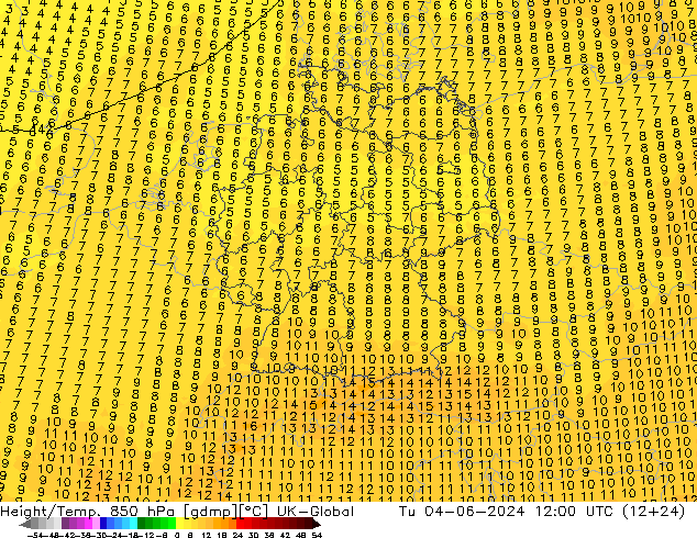 Height/Temp. 850 hPa UK-Global wto. 04.06.2024 12 UTC