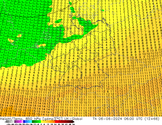 Geop./Temp. 850 hPa UK-Global jue 06.06.2024 06 UTC