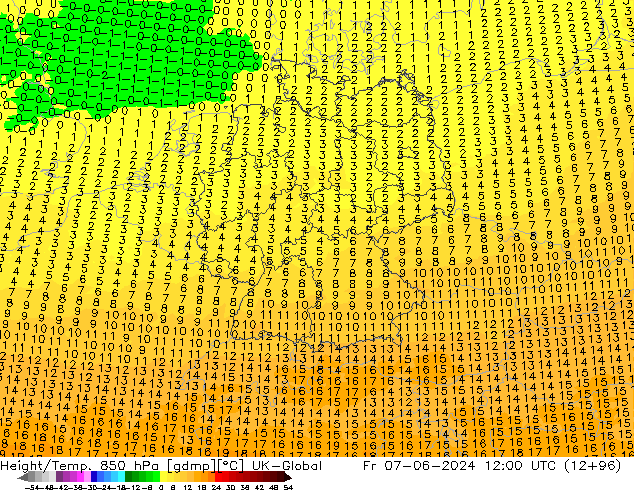 Height/Temp. 850 hPa UK-Global Fr 07.06.2024 12 UTC