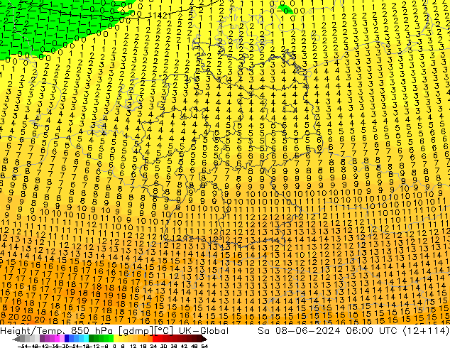 Hoogte/Temp. 850 hPa UK-Global za 08.06.2024 06 UTC