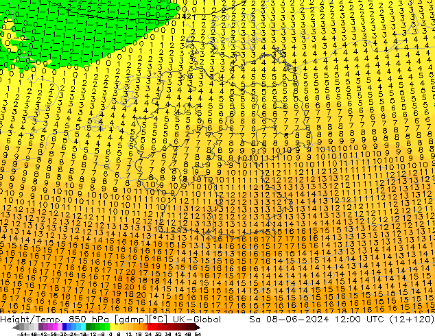 Height/Temp. 850 hPa UK-Global Sa 08.06.2024 12 UTC