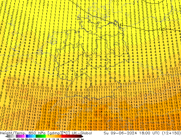 Géop./Temp. 850 hPa UK-Global dim 09.06.2024 18 UTC