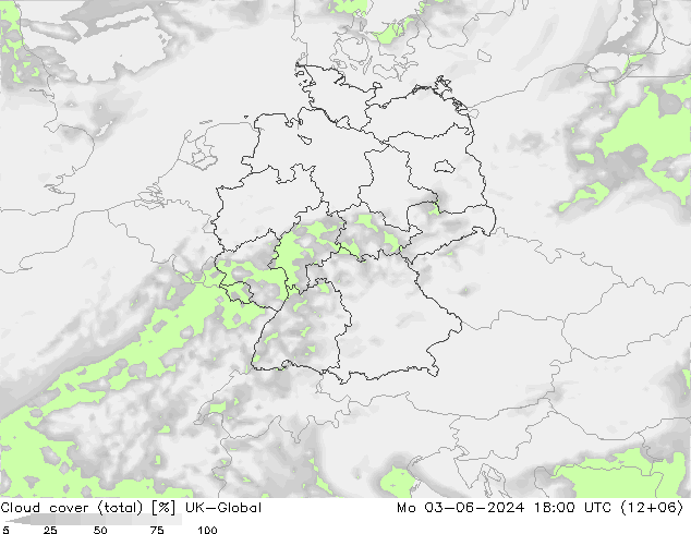 Cloud cover (total) UK-Global Mo 03.06.2024 18 UTC