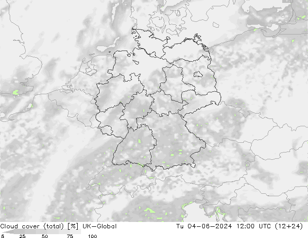 Cloud cover (total) UK-Global Út 04.06.2024 12 UTC