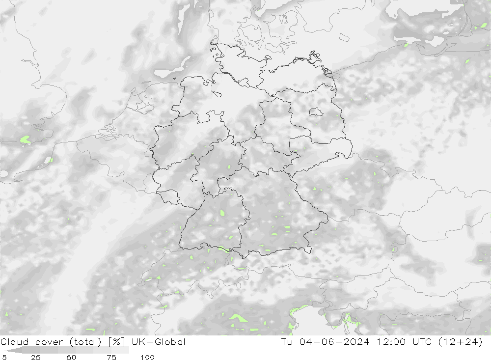 Cloud cover (total) UK-Global Út 04.06.2024 12 UTC