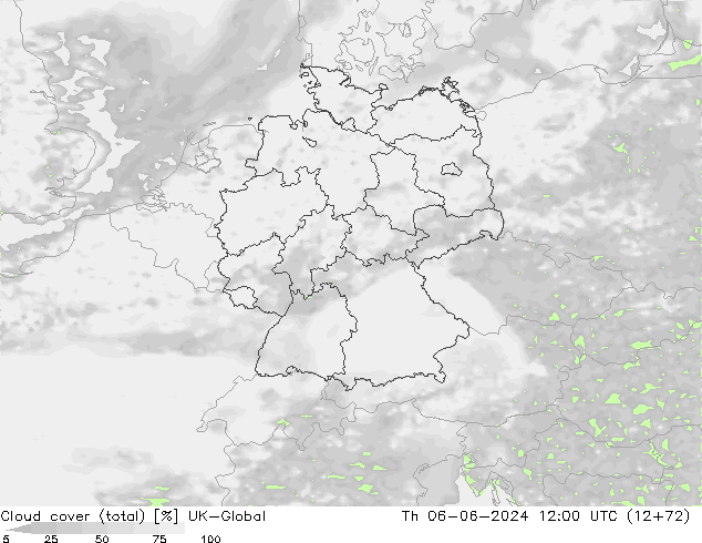 Cloud cover (total) UK-Global Čt 06.06.2024 12 UTC