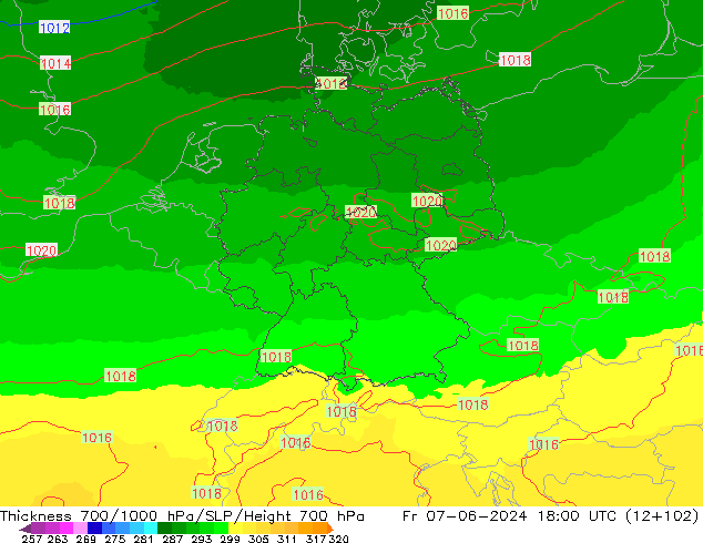 Thck 700-1000 hPa UK-Global Fr 07.06.2024 18 UTC