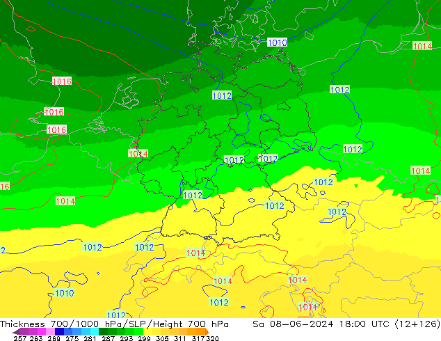 Dikte700-1000 hPa UK-Global za 08.06.2024 18 UTC