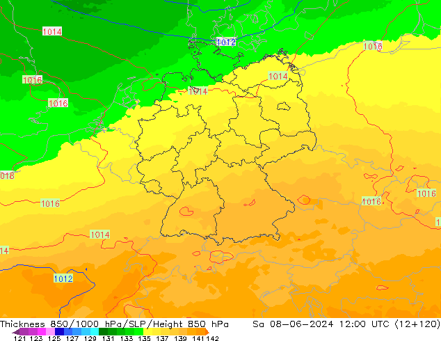 Dikte 850-1000 hPa UK-Global za 08.06.2024 12 UTC