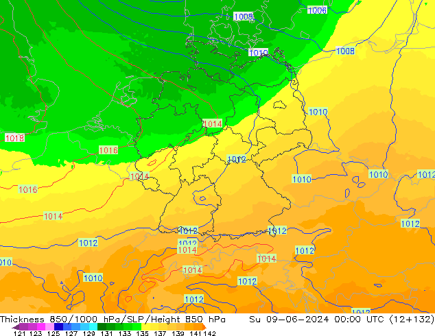 Dikte 850-1000 hPa UK-Global zo 09.06.2024 00 UTC