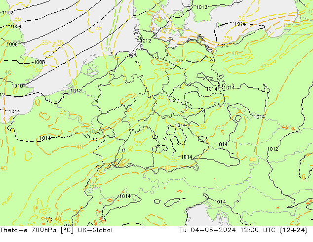 Theta-e 700hPa UK-Global di 04.06.2024 12 UTC