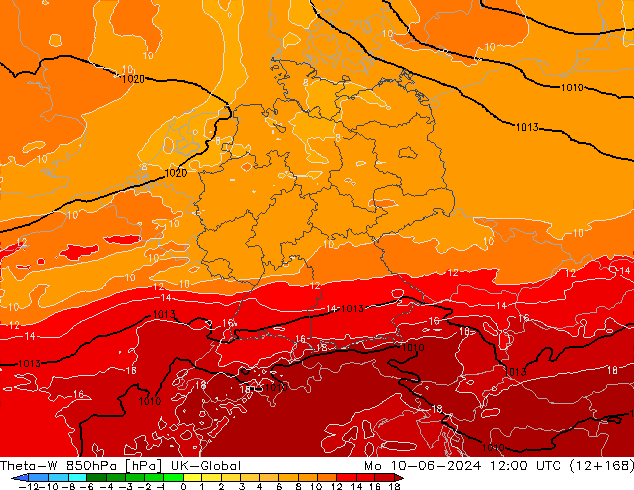 Theta-W 850hPa UK-Global Po 10.06.2024 12 UTC