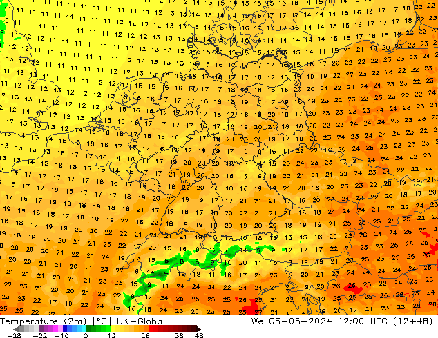 Temperatura (2m) UK-Global mié 05.06.2024 12 UTC