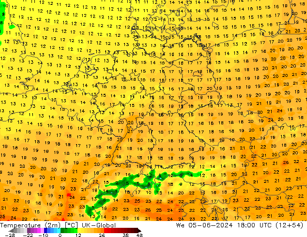 Temperature (2m) UK-Global We 05.06.2024 18 UTC