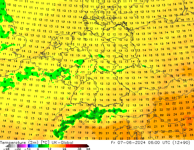 Temperature (2m) UK-Global Fr 07.06.2024 06 UTC