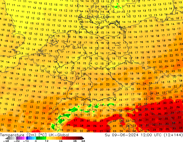 Temperatuurkaart (2m) UK-Global zo 09.06.2024 12 UTC
