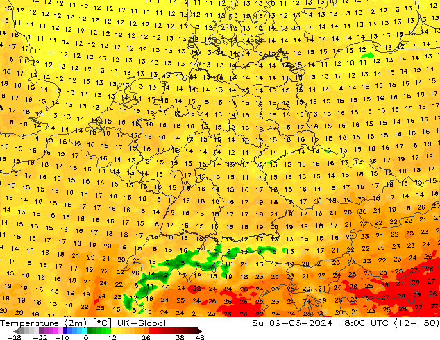 Temperatura (2m) UK-Global Dom 09.06.2024 18 UTC