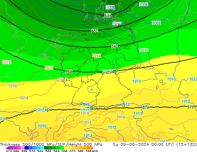 Schichtdicke 500-1000 hPa UK-Global So 09.06.2024 00 UTC