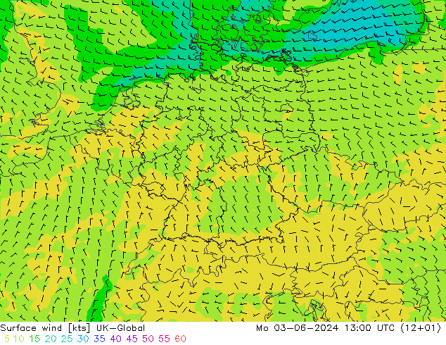 Surface wind UK-Global Mo 03.06.2024 13 UTC