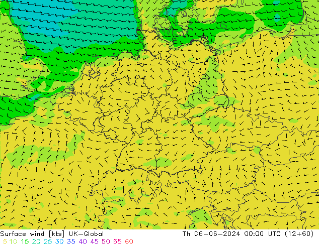 Viento 10 m UK-Global jue 06.06.2024 00 UTC