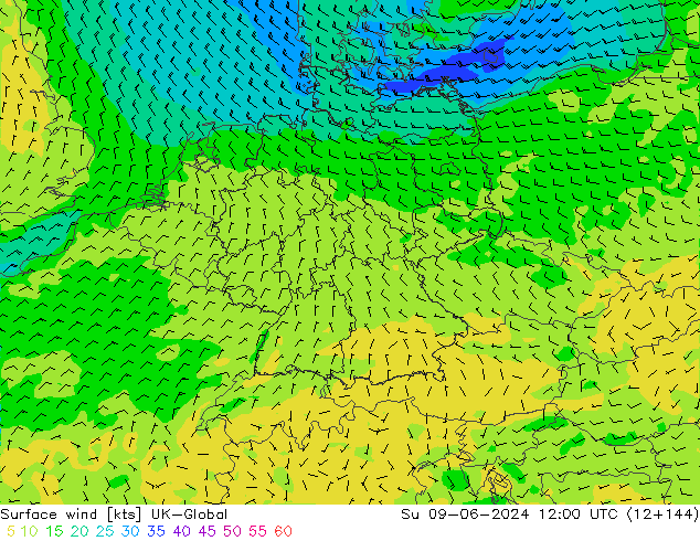 Wind 10 m UK-Global zo 09.06.2024 12 UTC