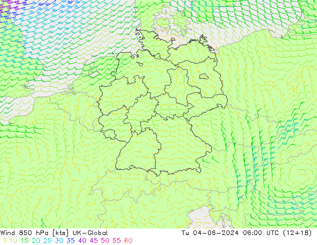 Wind 850 hPa UK-Global Út 04.06.2024 06 UTC