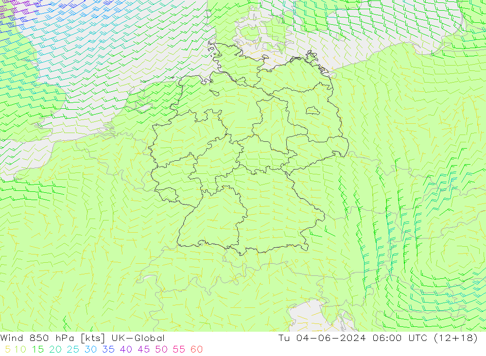 Wind 850 hPa UK-Global di 04.06.2024 06 UTC