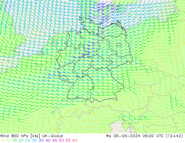 Wind 850 hPa UK-Global wo 05.06.2024 06 UTC