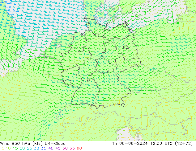 Viento 850 hPa UK-Global jue 06.06.2024 12 UTC