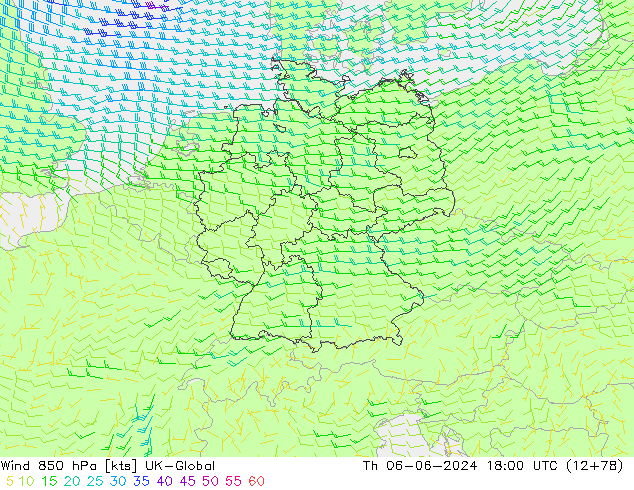 Wind 850 hPa UK-Global Čt 06.06.2024 18 UTC