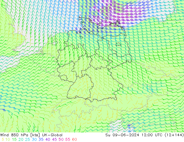 Wind 850 hPa UK-Global Ne 09.06.2024 12 UTC