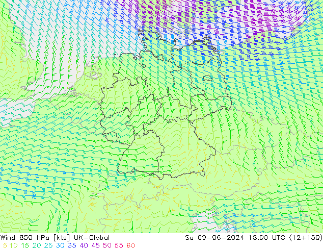 Wind 850 hPa UK-Global zo 09.06.2024 18 UTC