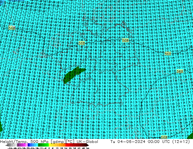 Height/Temp. 500 hPa UK-Global Tu 04.06.2024 00 UTC