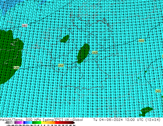 Height/Temp. 500 hPa UK-Global Tu 04.06.2024 12 UTC