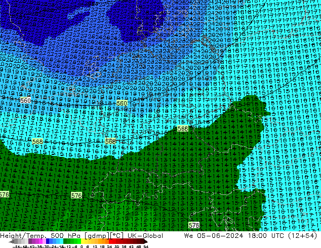 Height/Temp. 500 hPa UK-Global Mi 05.06.2024 18 UTC