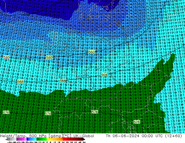 Geop./Temp. 500 hPa UK-Global jue 06.06.2024 00 UTC