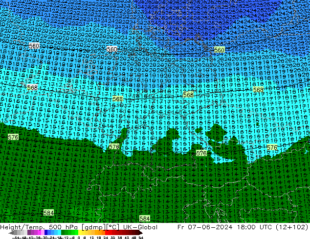 Height/Temp. 500 hPa UK-Global Fr 07.06.2024 18 UTC