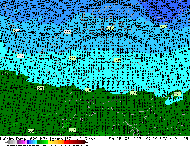 Geop./Temp. 500 hPa UK-Global sáb 08.06.2024 00 UTC